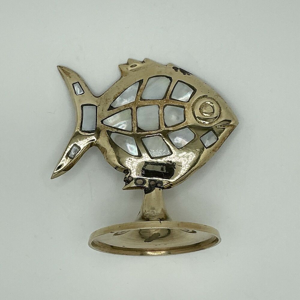 Vintage Brass And Mother Of Pearl Inlay Fish Figurine | Footed Base | BX24